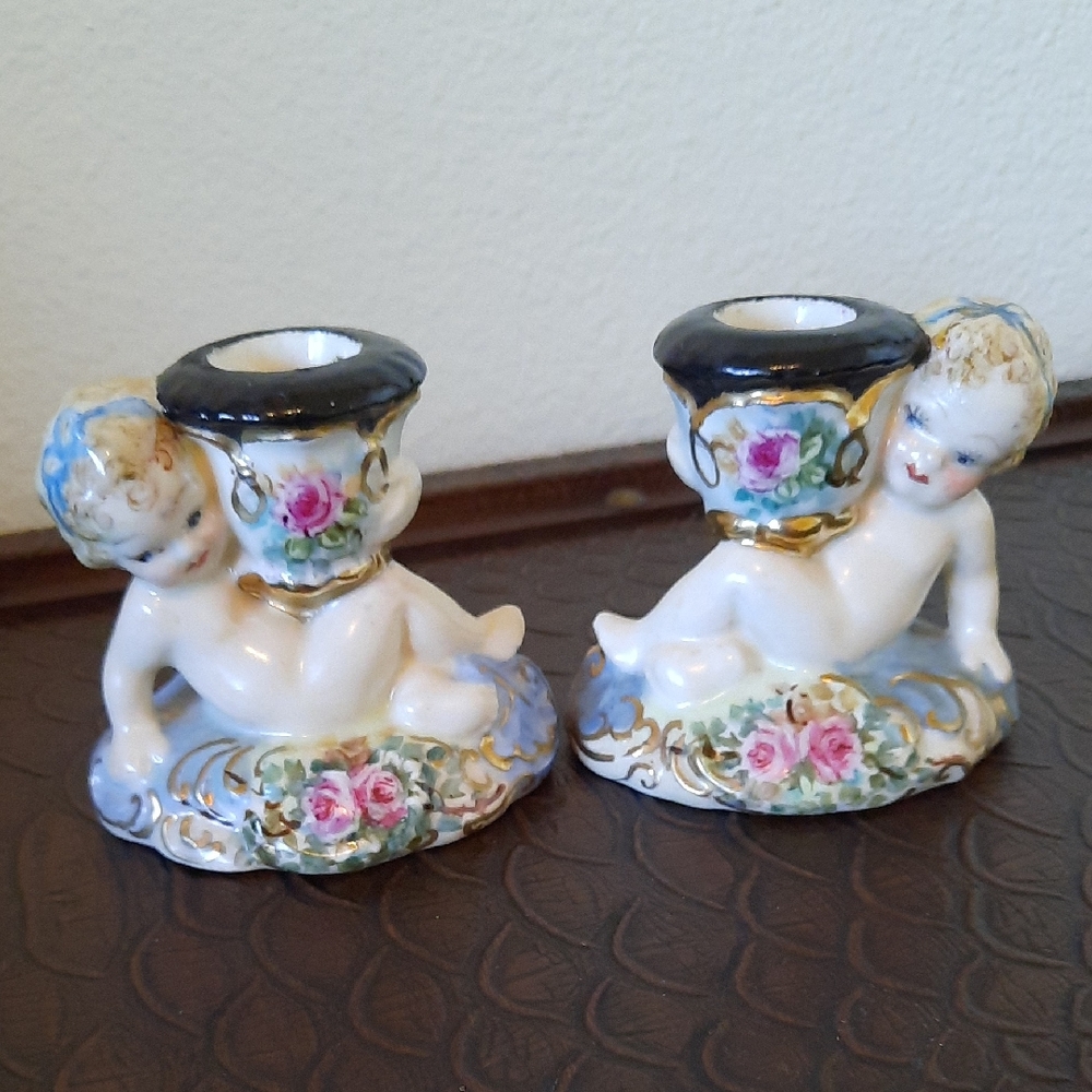 Porcelain Cherub Candle Holders - Multicolor